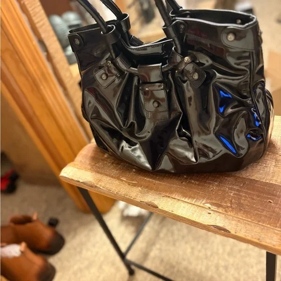 Authentic Salvatore Ferragamo Black Patent Leather Celtico Satchel